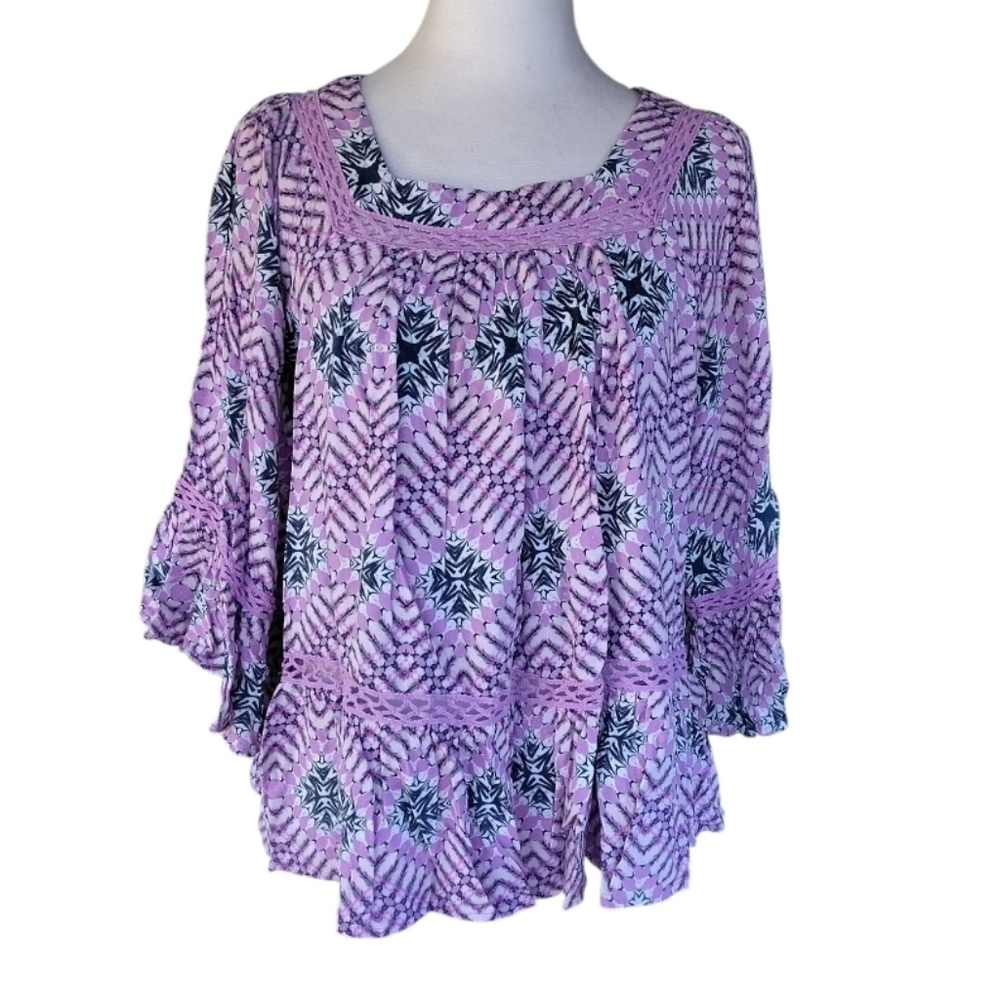 Haute Hippie Purple Navy Ikat Tye Dye Lace Insert Blouse Size Medium